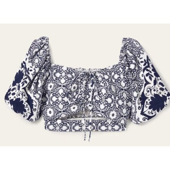 Boden LINEN Halter Neck Cut Out Crop Top Navy Blue WHITE tile Floral Coastal 10 - Picture 3 of 5